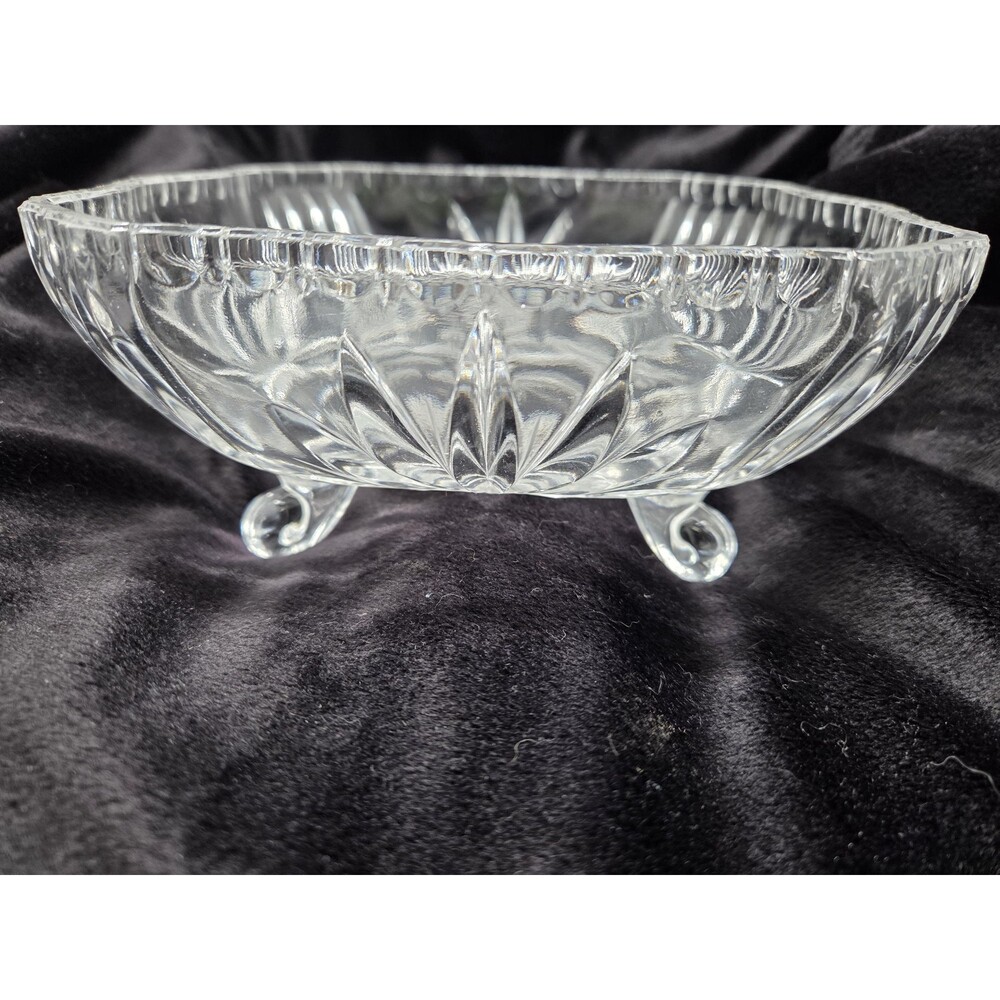 Vintage European Footed Glass Bowl: 12-Sided, Frosted Grape Leaf Etching, Scallo